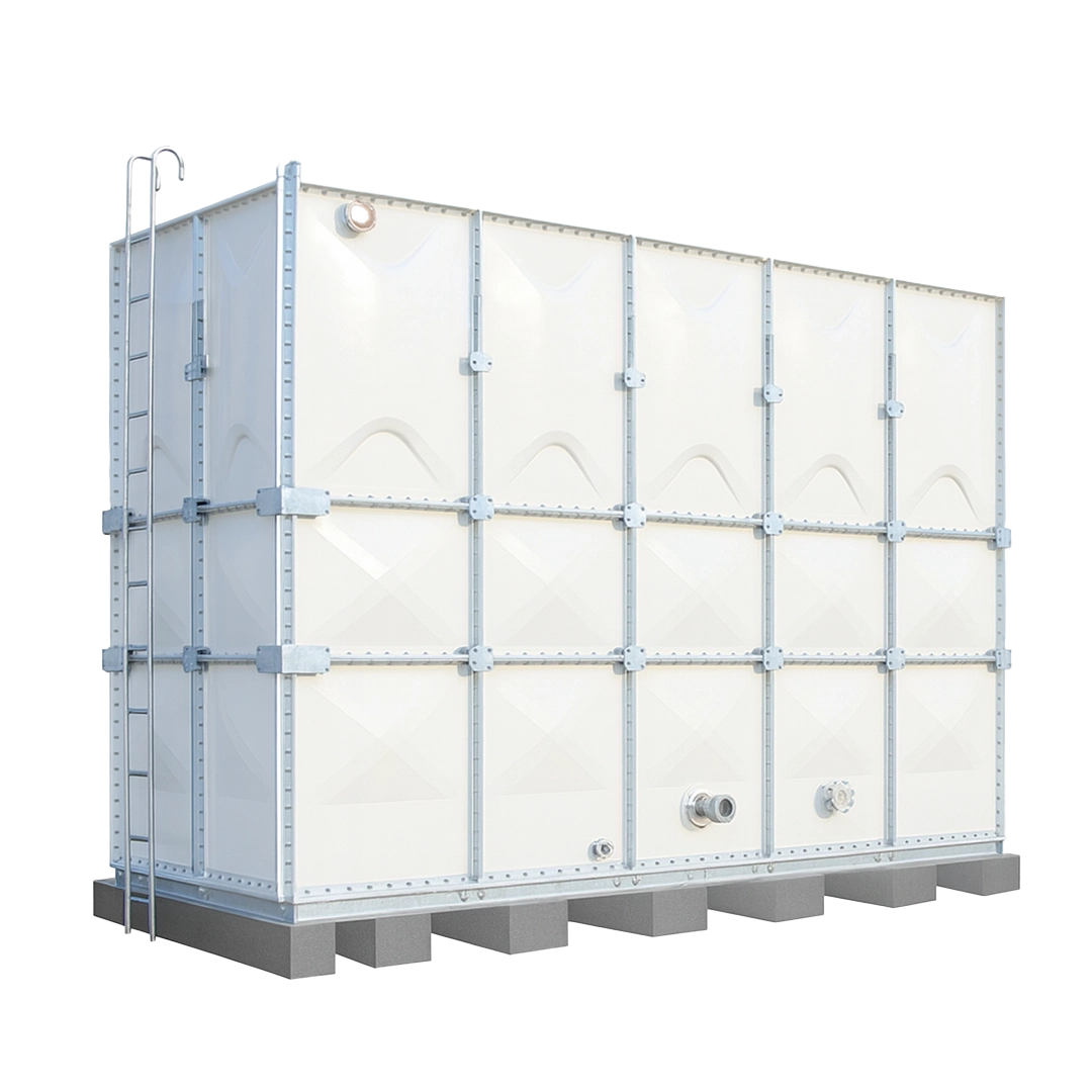 Vertical GRP box tank with ladder and modular sectional panels for large capacity water storage